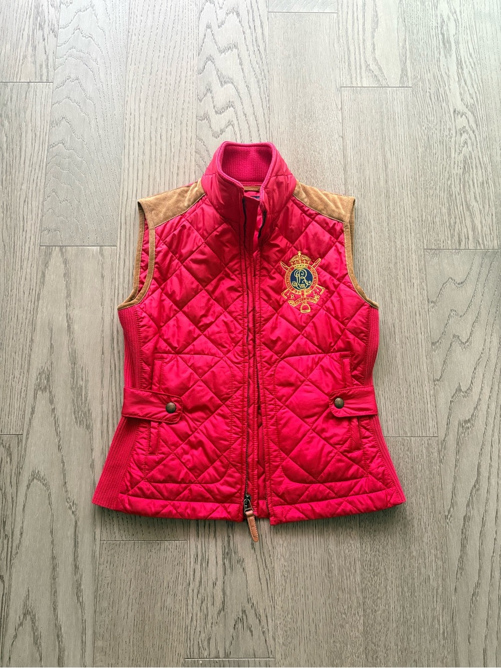 Ralph Lauren Quilted Red Vest with Tan Suede Accents